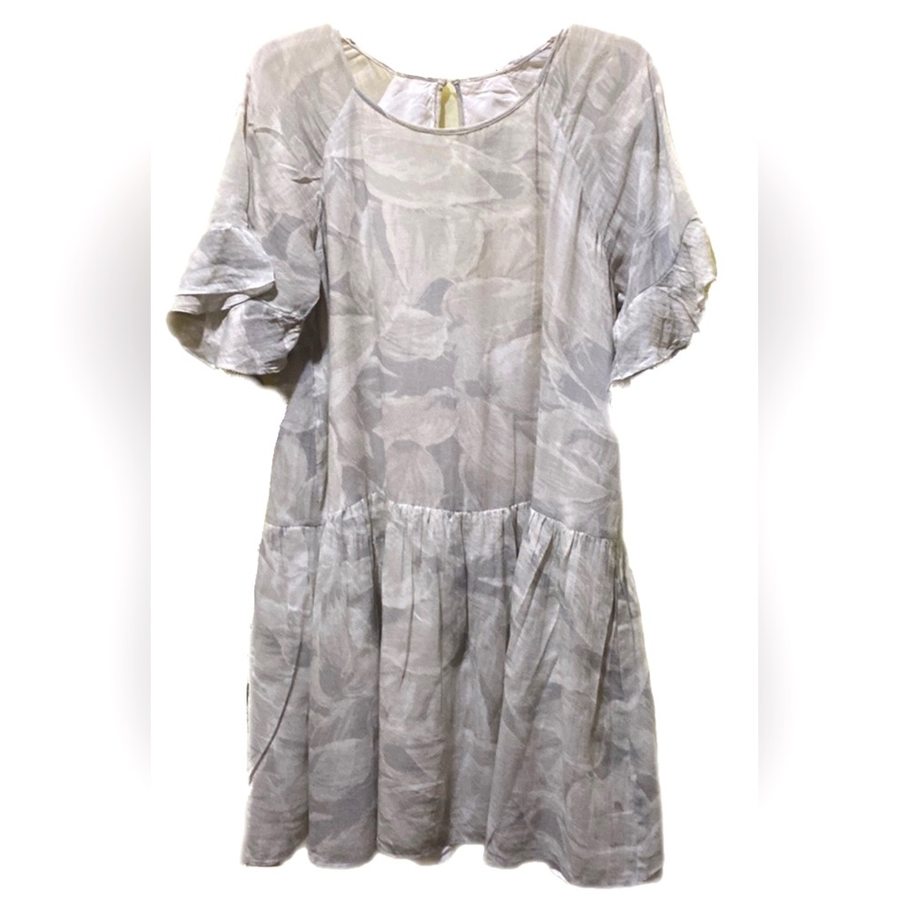 OM 100% COTTON FLORAL LIGHT GREY SHORT SLEEVE FULL FIT DRESS SZ